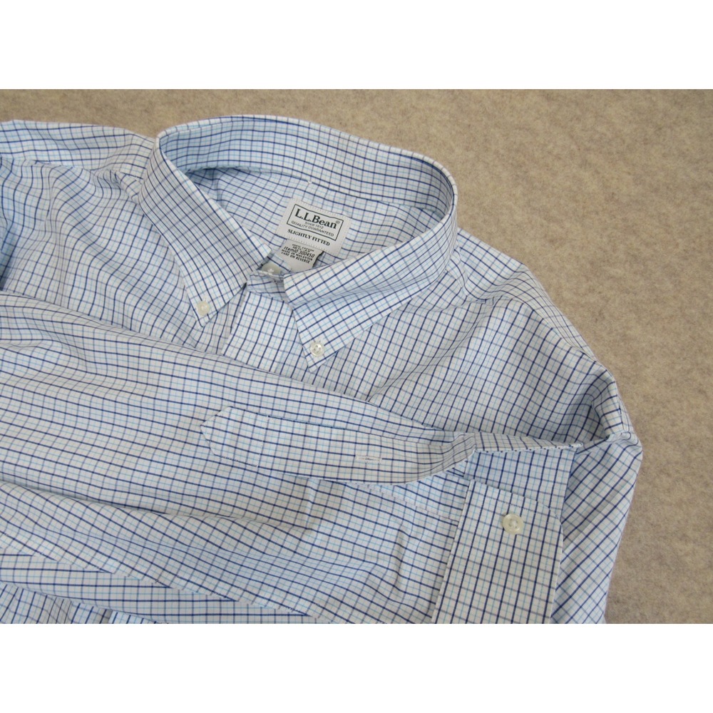 LL Bean Mens Slightly Fitted Button Down Shirt Blue White Check 16.5-33 300450